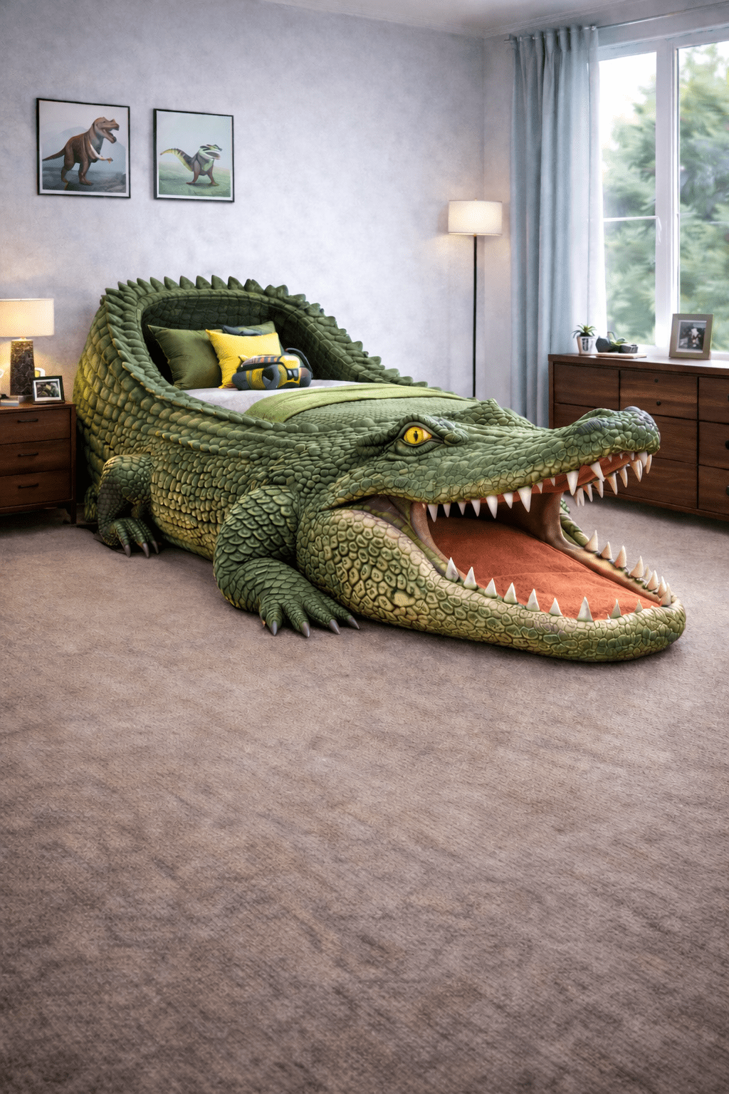 Green crocodile-shaped bed ideal for jungle or dinosaur-themed bedrooms