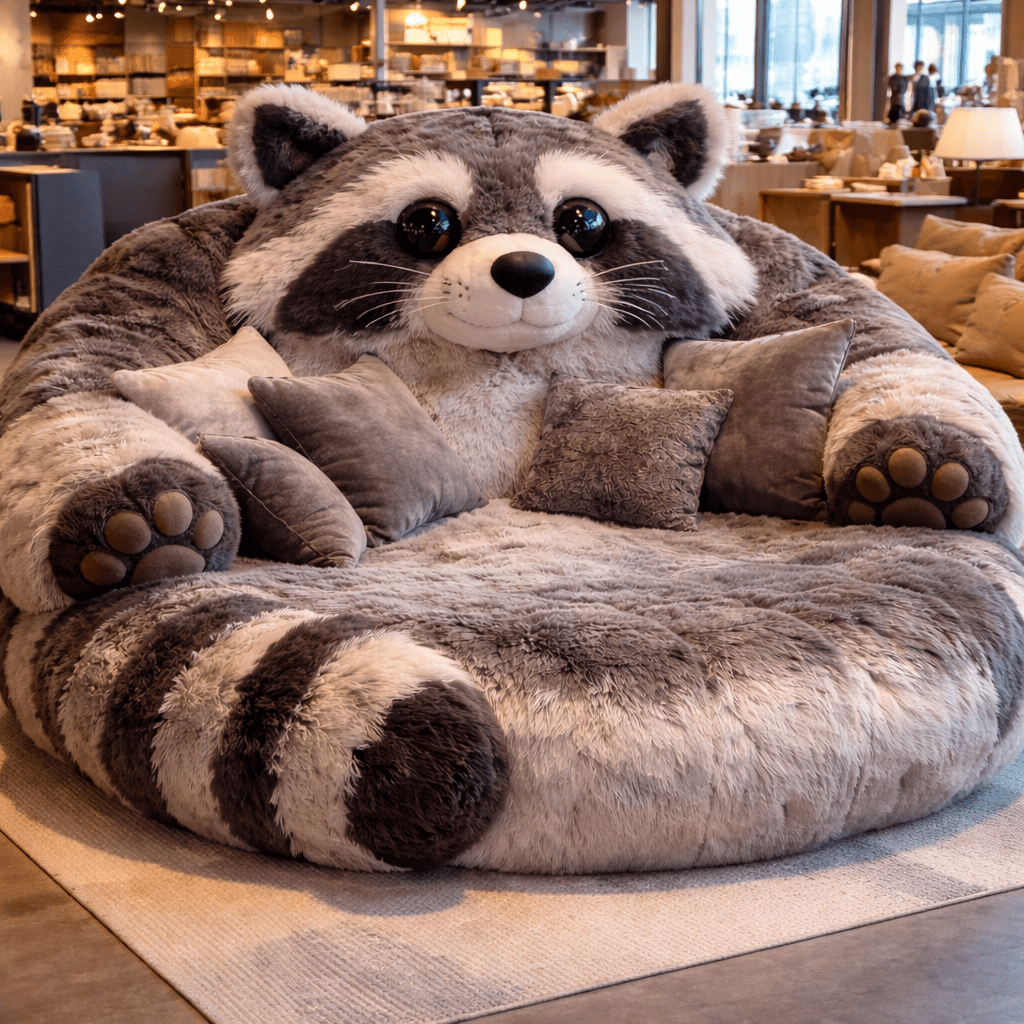 Large raccoon-shaped plush lounge sofa with striped tail design