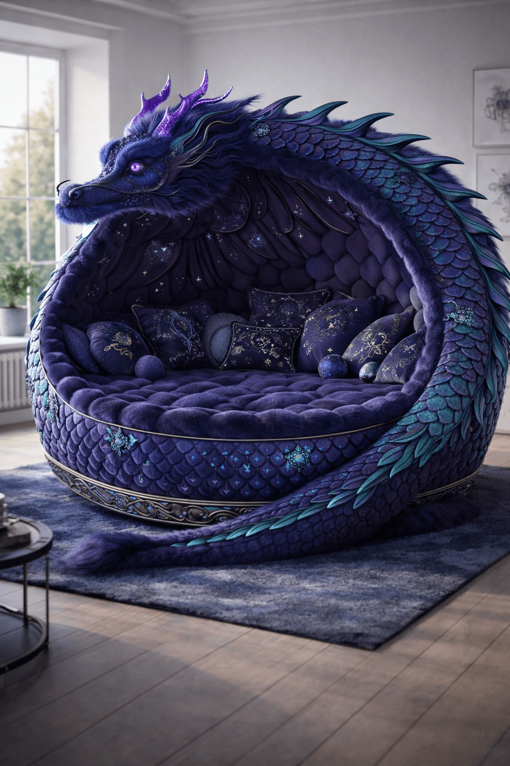 Dark purple dragon pod sofa with galaxy-inspired cushions and scales