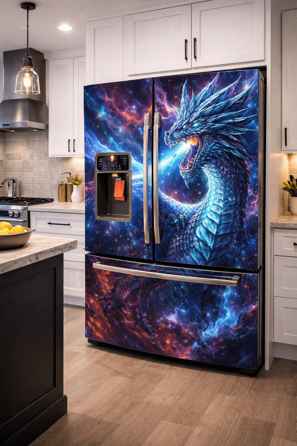 Cosmic dragon fridge wrap featuring stars and nebula colours in a modern kitchen
