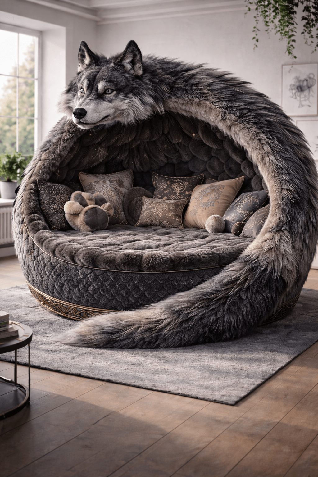 Grey wolf pod sofa with sculpted fur surround and deep cushioned base