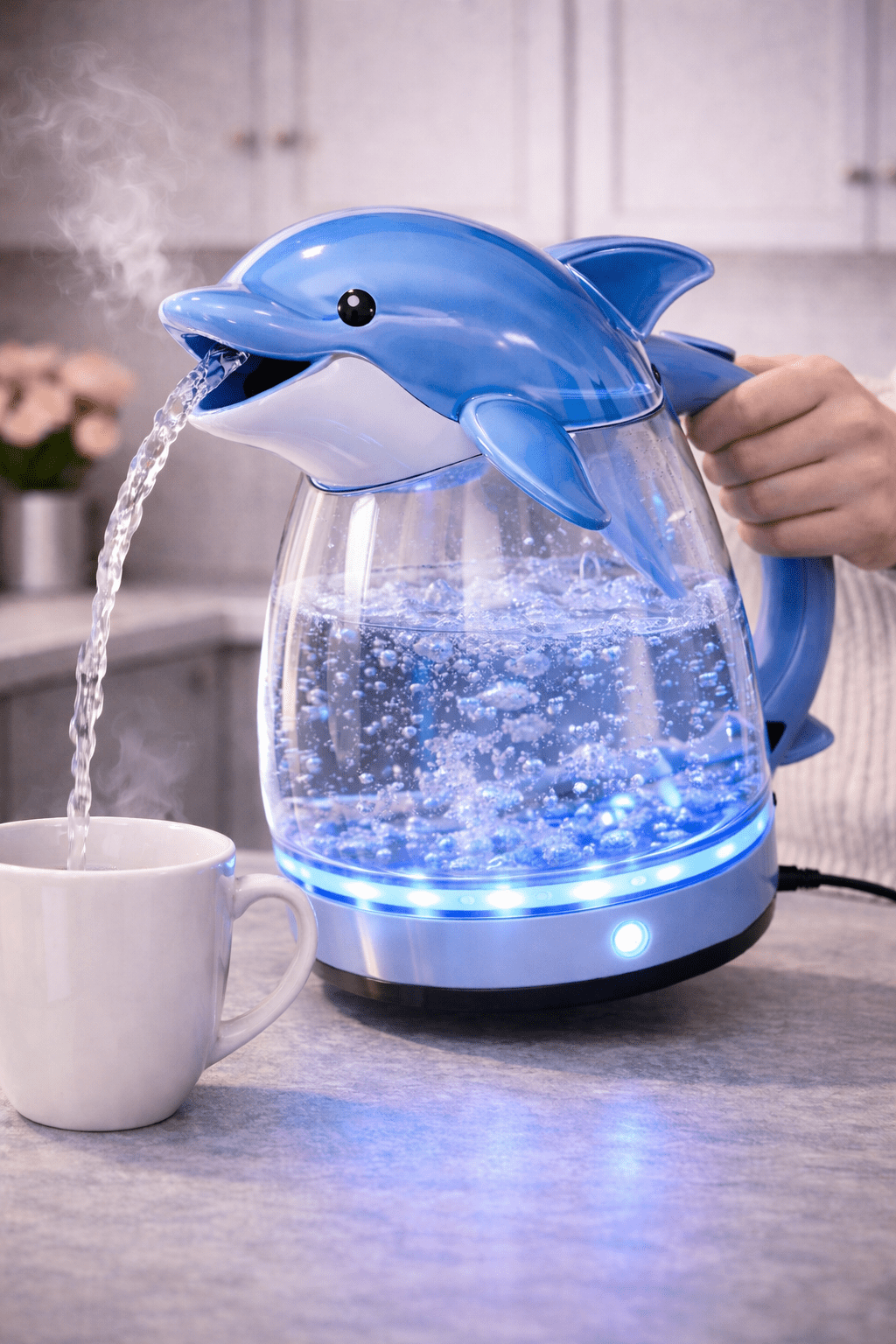 Blue dolphin LED electric kettle with illuminated glass body boiling water
