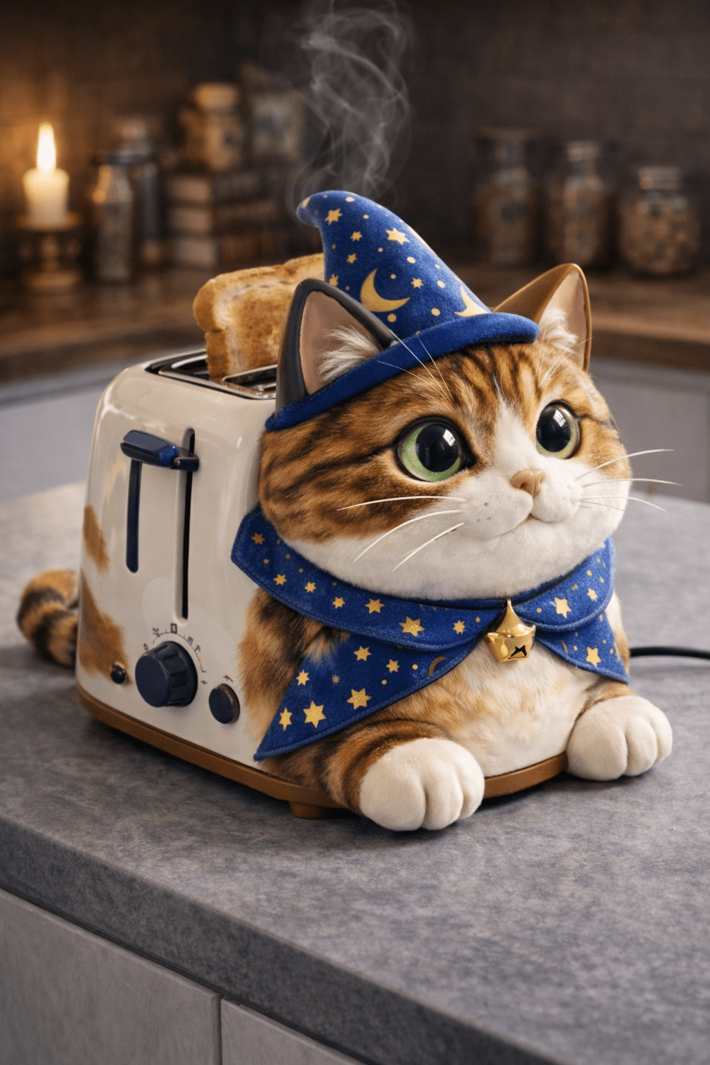 Cat-shaped toaster wearing a blue wizard hat and cape with toast popping up
