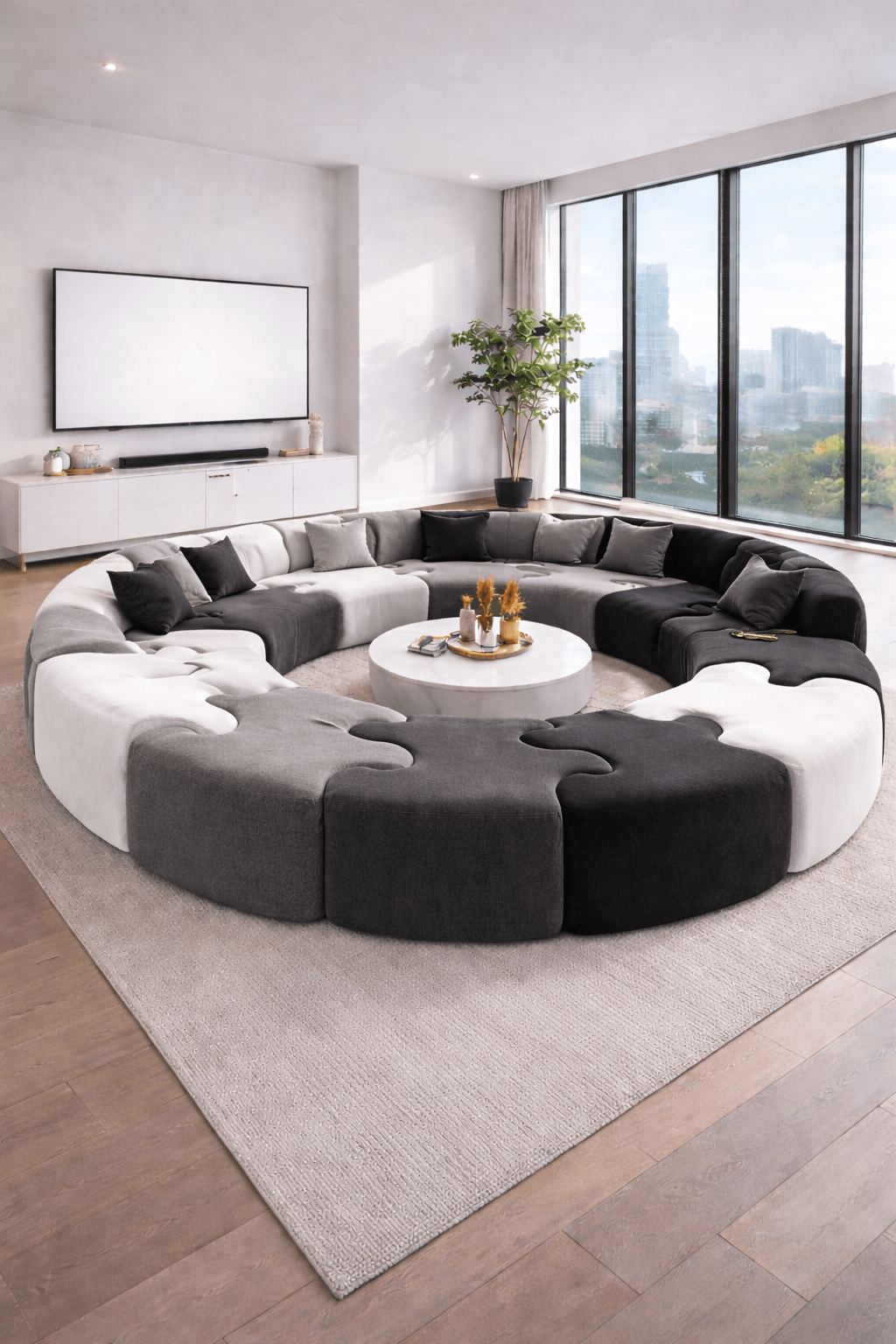 Black, white and grey circular modular sofa styled in a minimalist modern living room