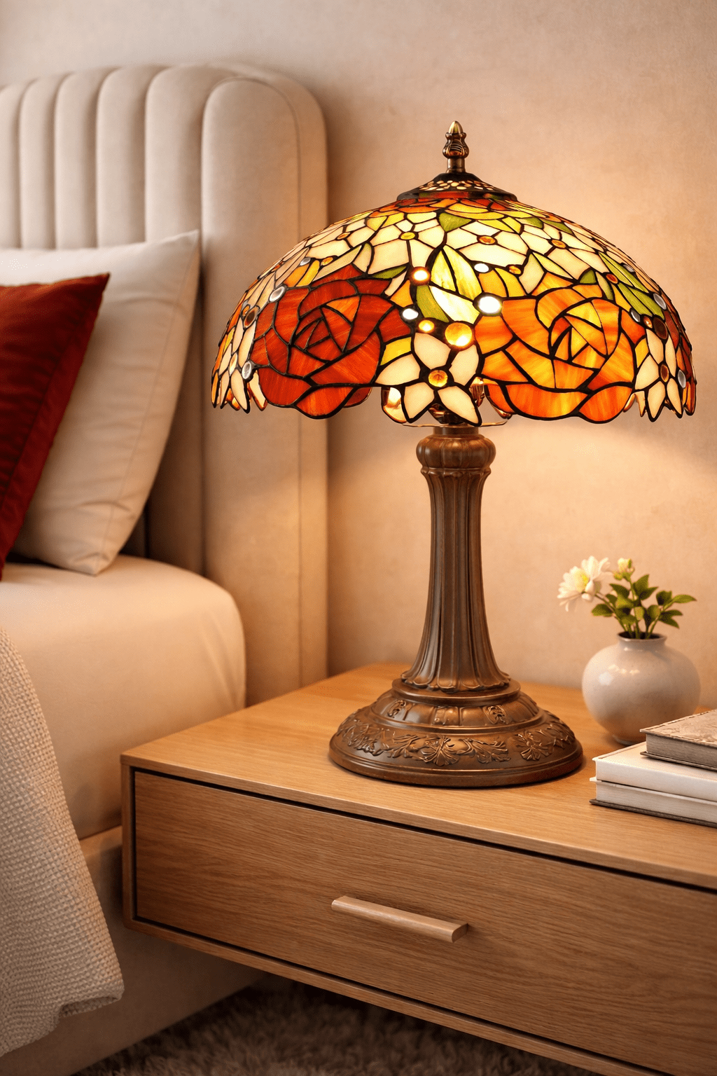Stained-glass bedside lamp with red floral design on wooden nightstand