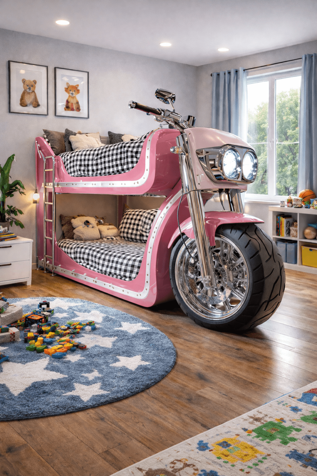 Pink motorcycle bunk bed with glossy finish and realistic front wheel