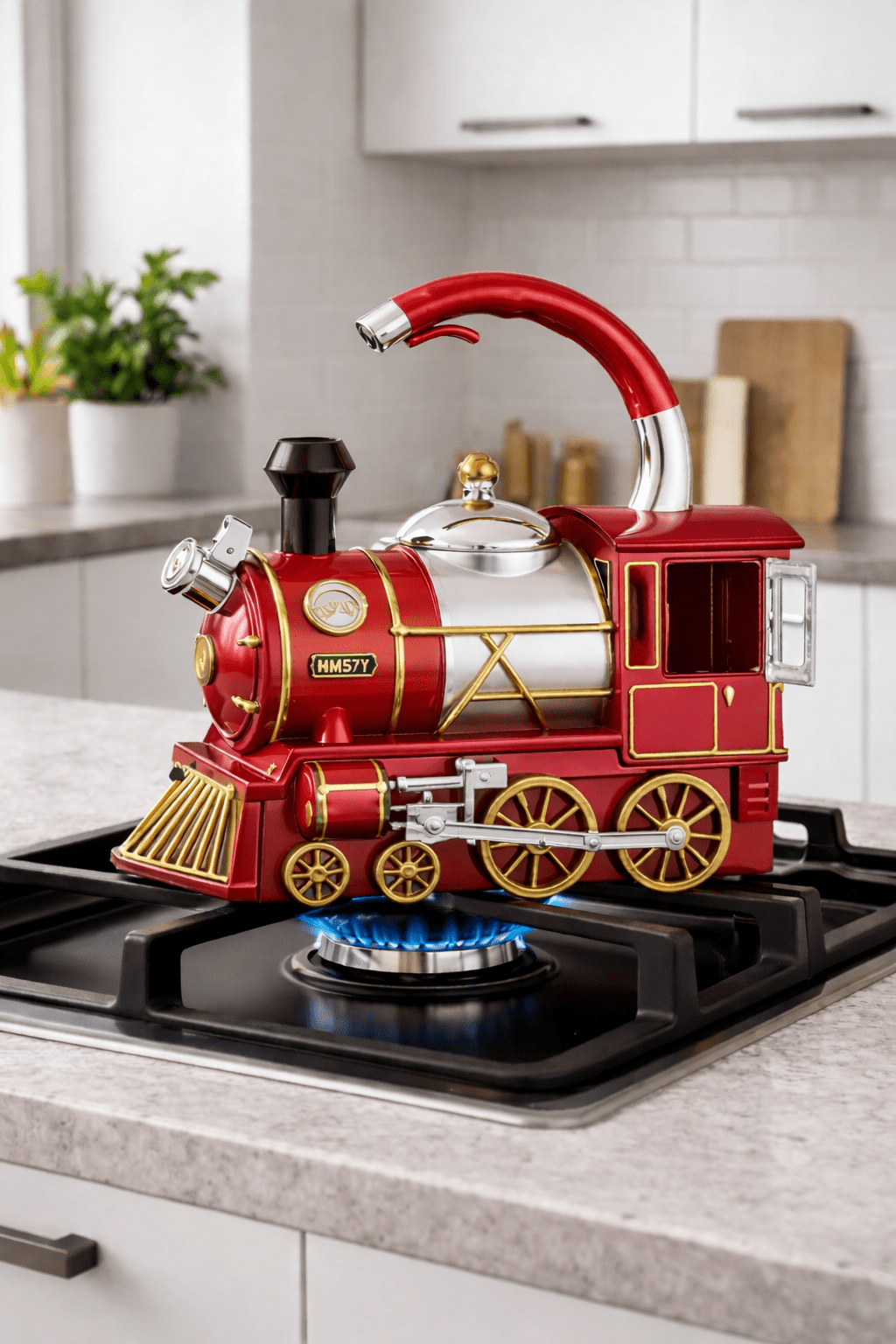 Red electric kettle with gold trim on a modern kitchen hob