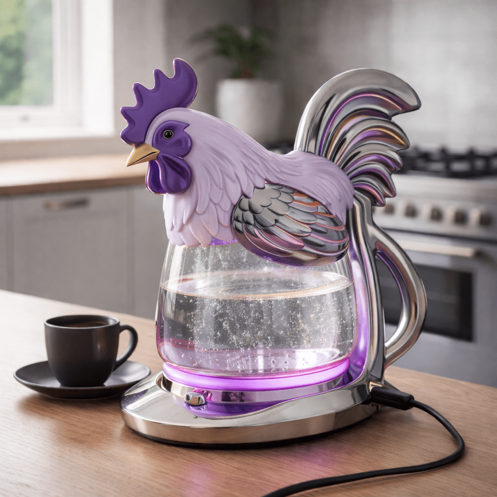 Purple rooster shaped electric kettle featuring chrome handle and glowing LED lighting
