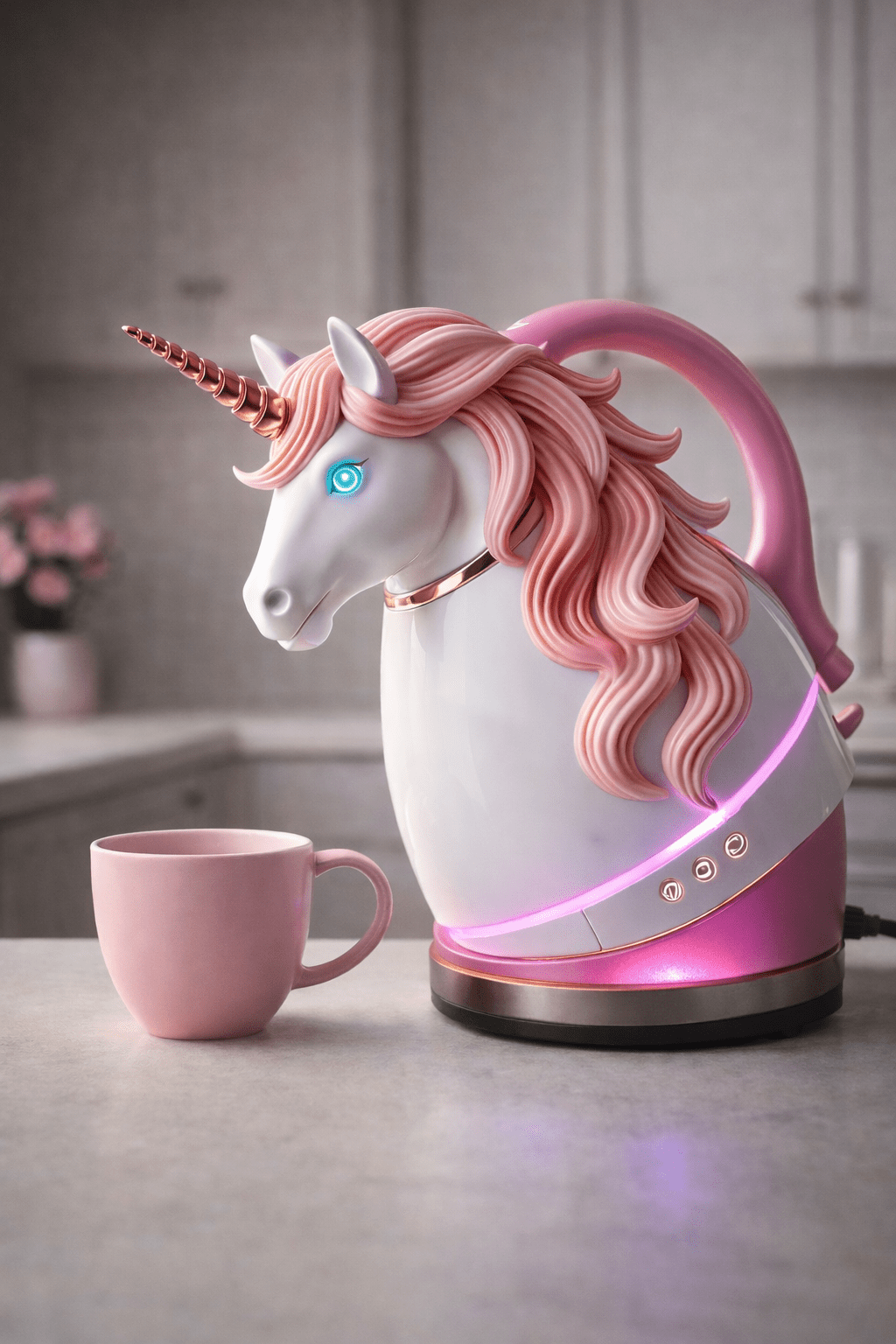 Pastel pink unicorn electric kettle with LED lighting beside a matching mug