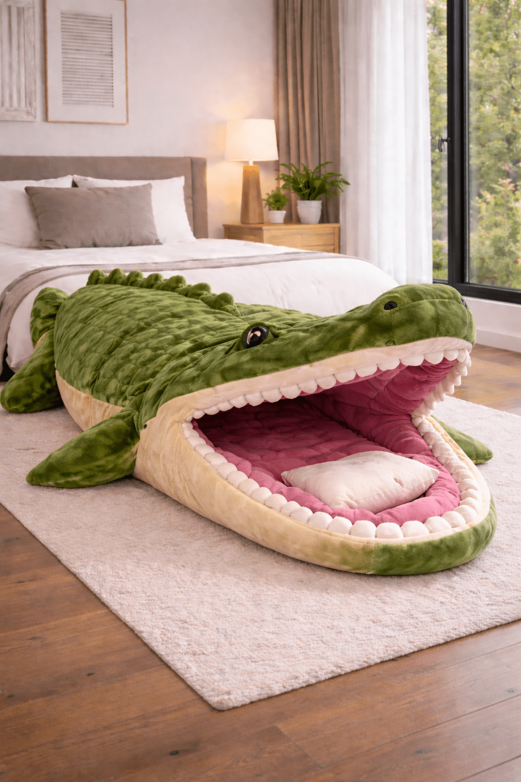 Oversized crocodile sleeping bag with quilted pink interior in modern bedroom
