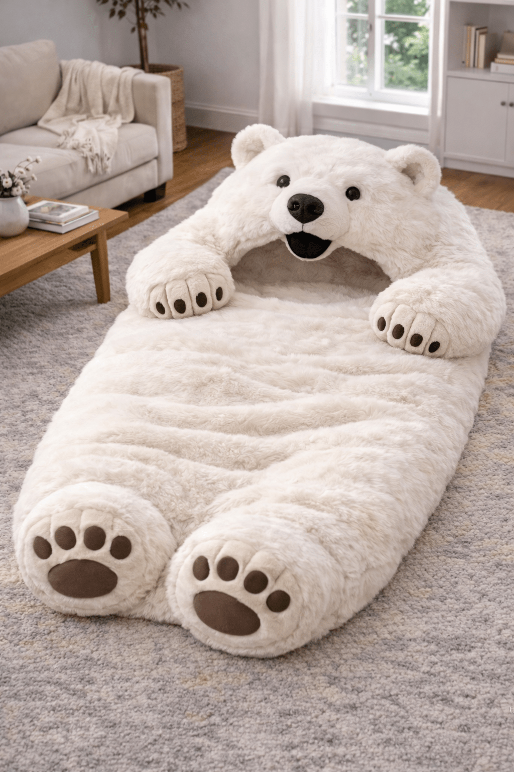 Cream white oversized plush bear sleeping bag designed as cosy floor lounger