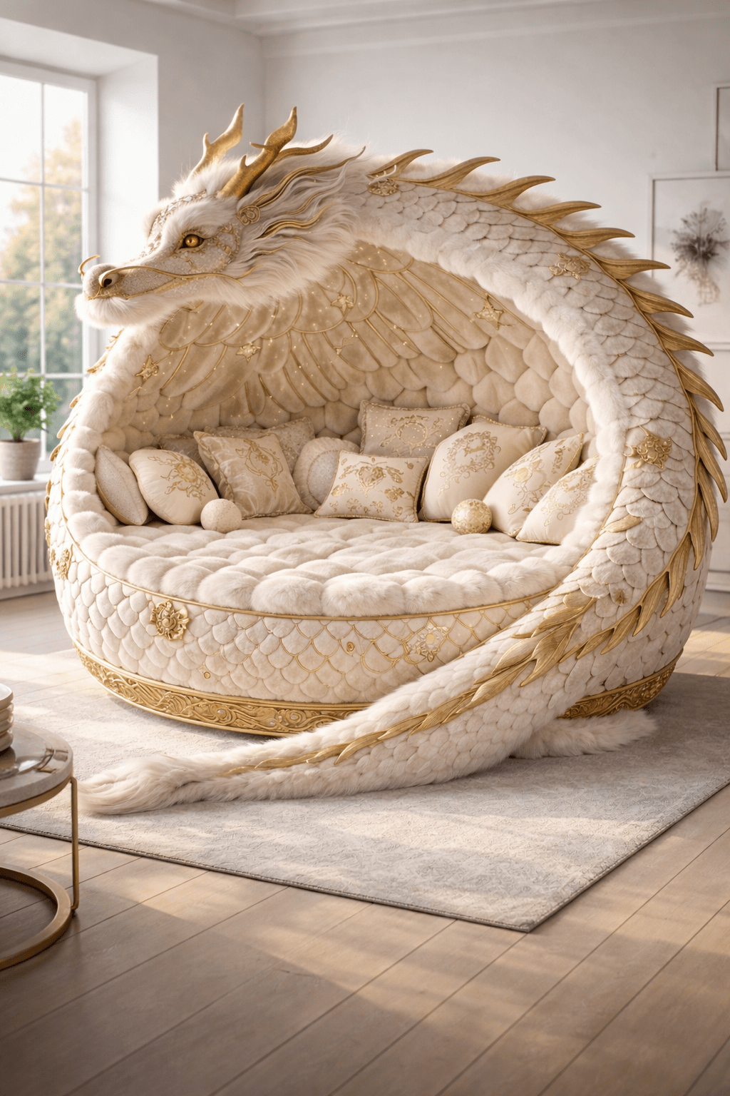 White and gold dragon pod sofa with ornate detailing in a bright interior