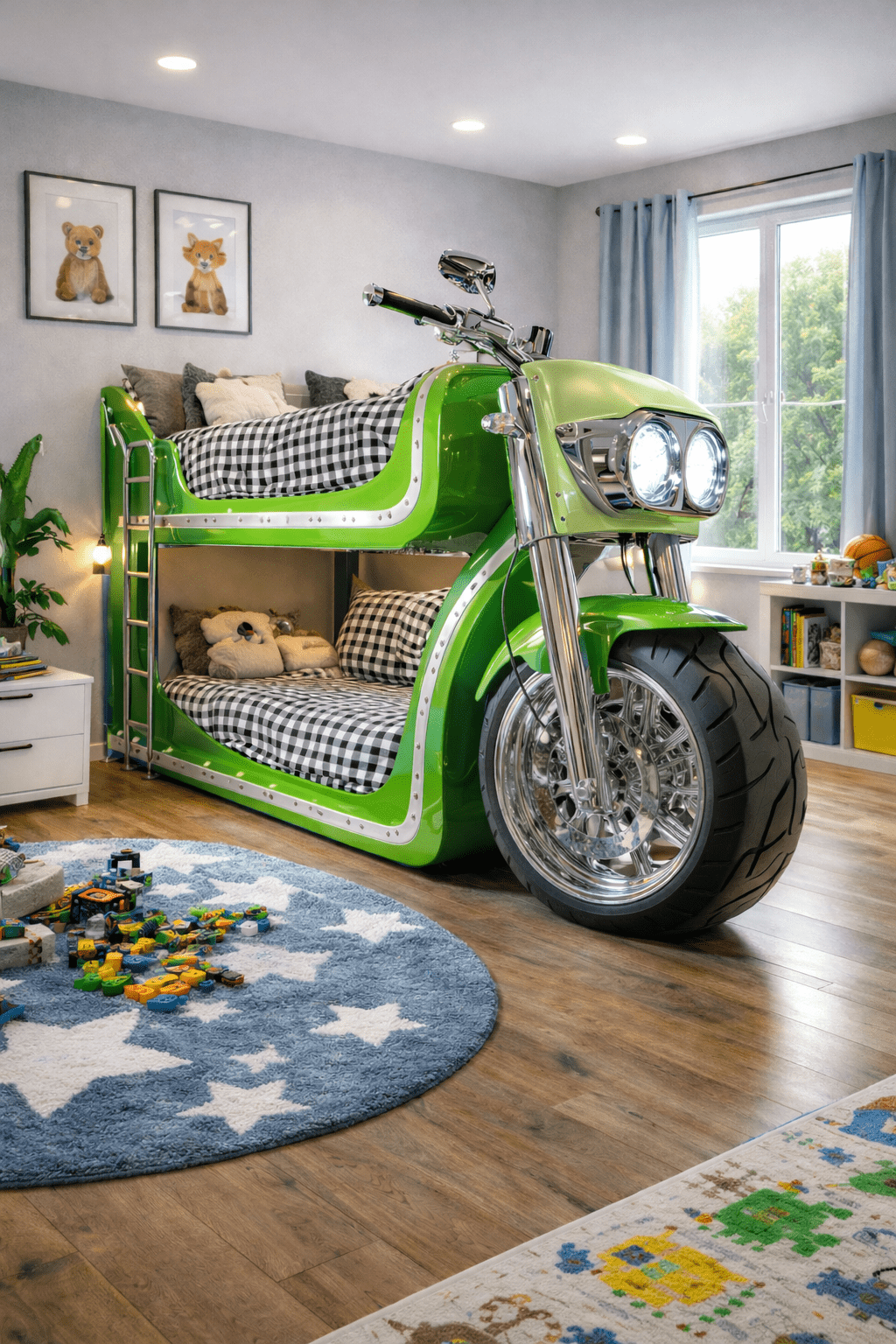 Green motorcycle-style bunk bed featuring chrome wheels and bold design
