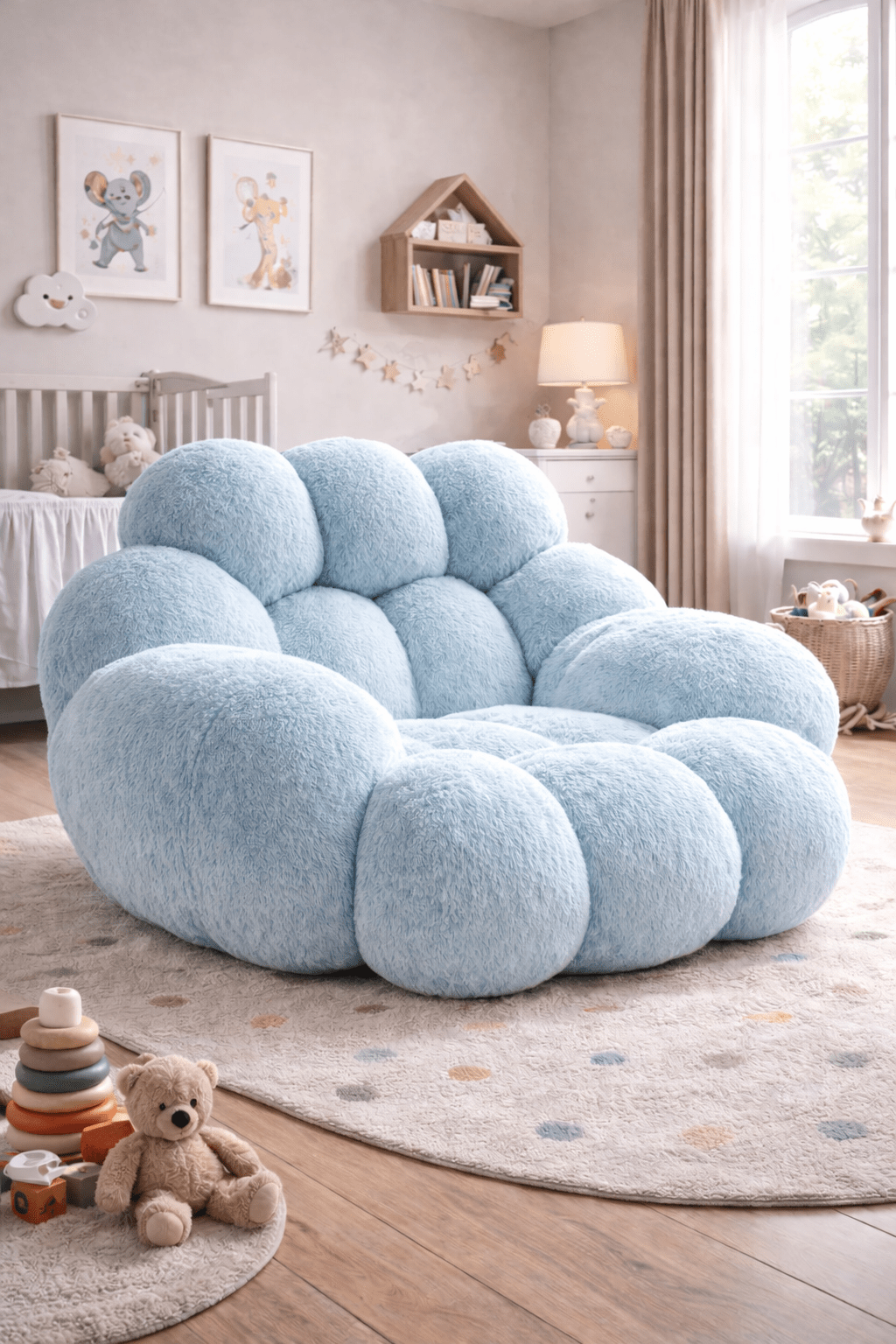 Sky blue oversized plush bubble chair designed for cosy reading and relaxation