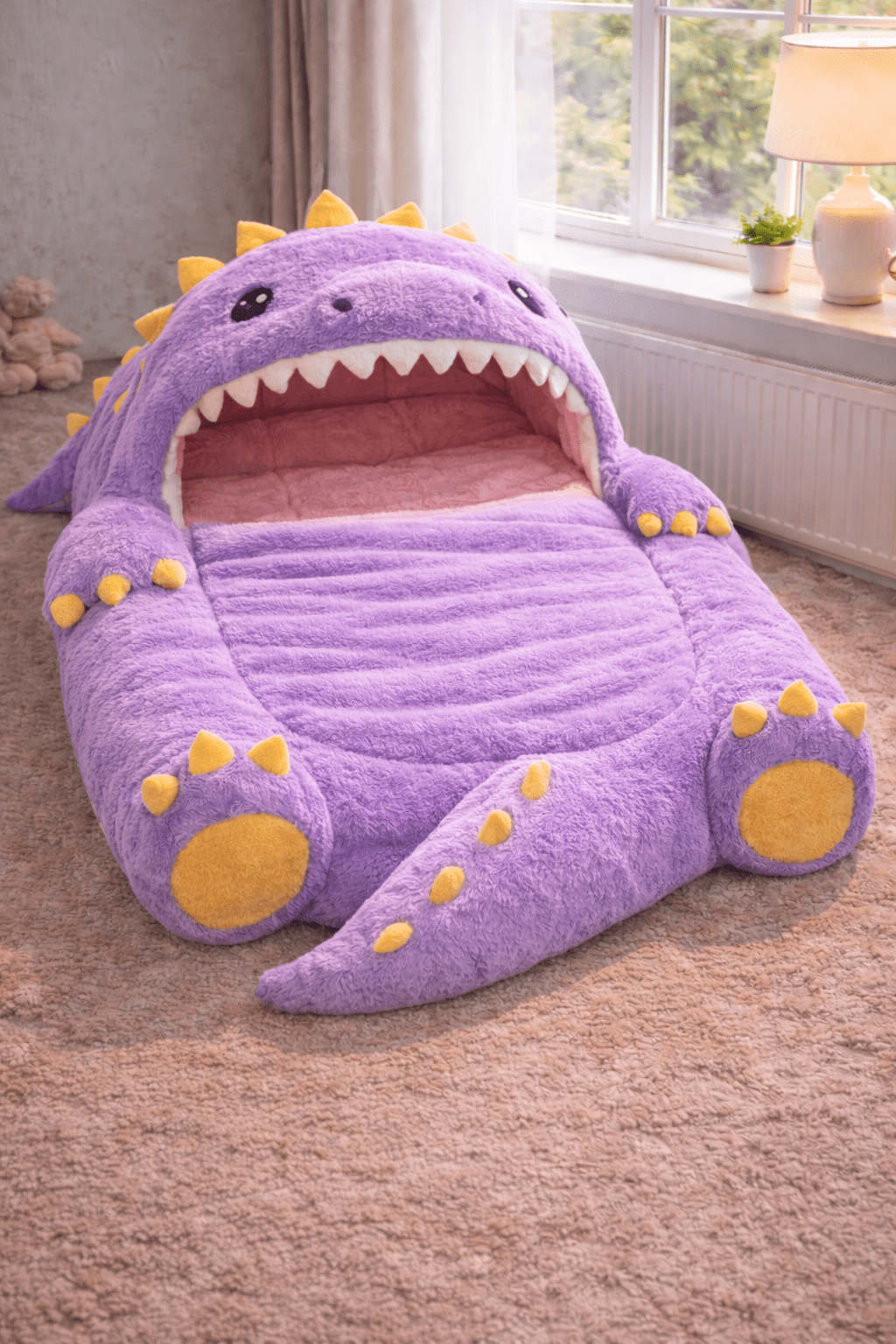 Purple dinosaur sleeping bag with oversized plush body and cosy padded lining