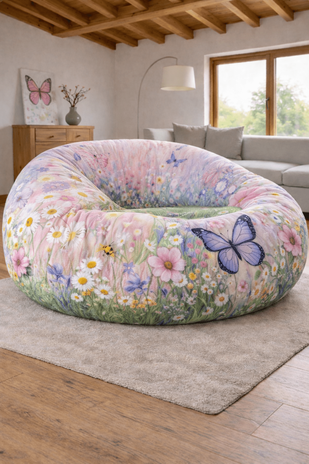 Colourful floral butterfly bean bag chair with layered wildflowers and oversized butterfly illustrations