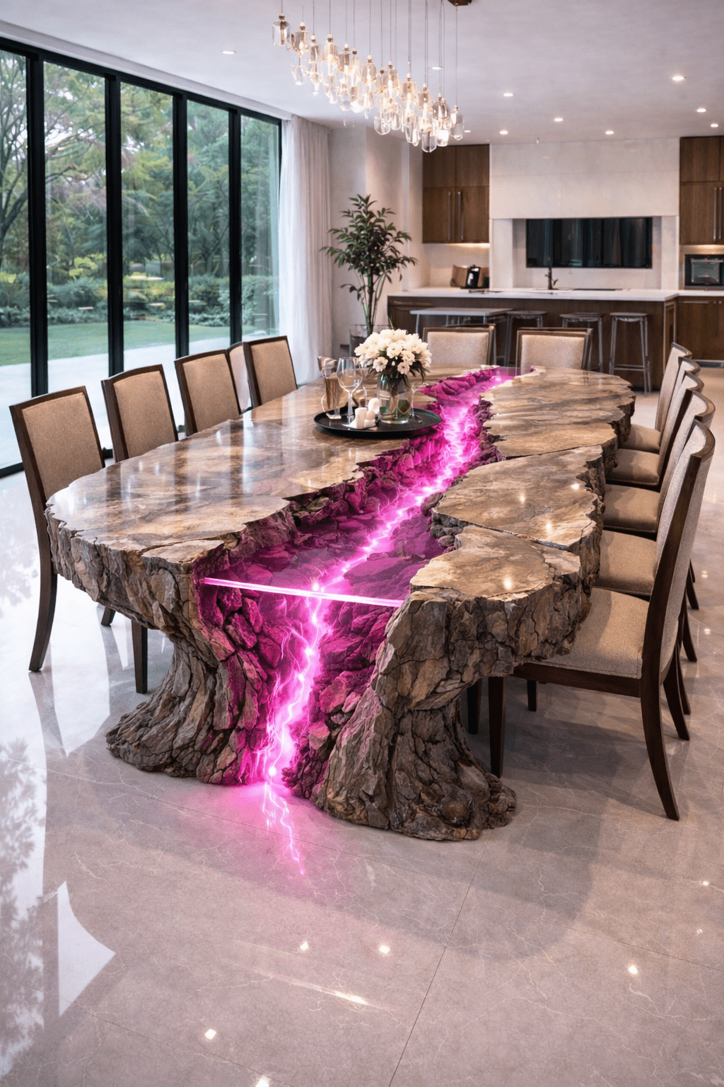 Luxury volcanic rift dining table featuring a glowing pink resin river in a modern dining room