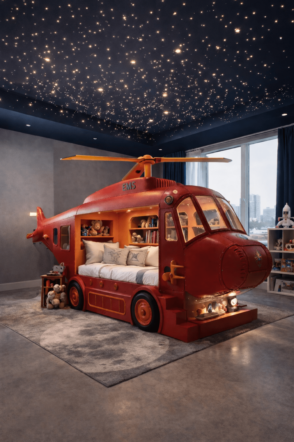 Red EMS helicopter bed with realistic detailing in a modern children’s bedroom