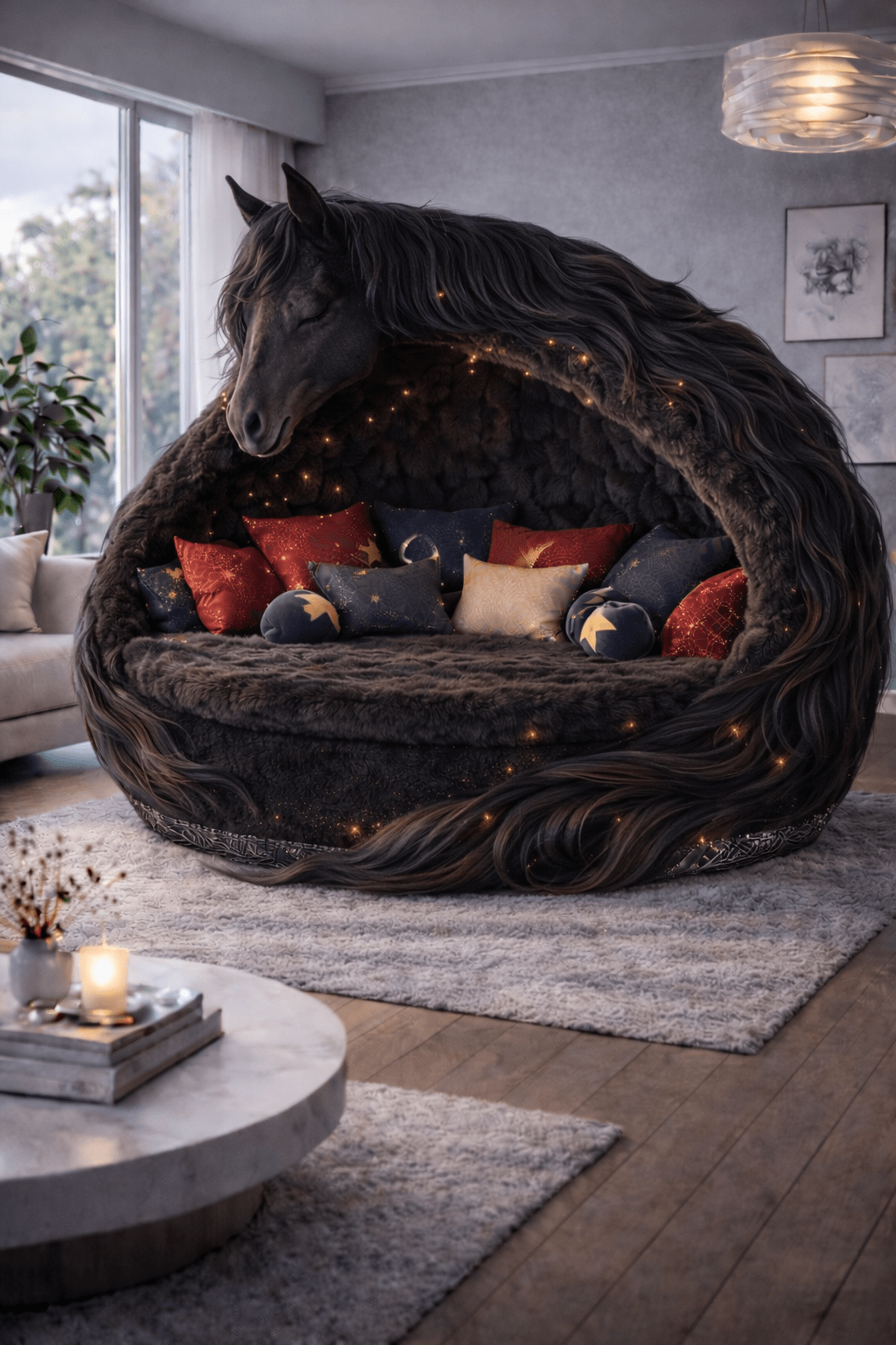 Black horse-shaped pod sofa featuring plush fur, glowing LED lights and cosy cushions in a modern living room