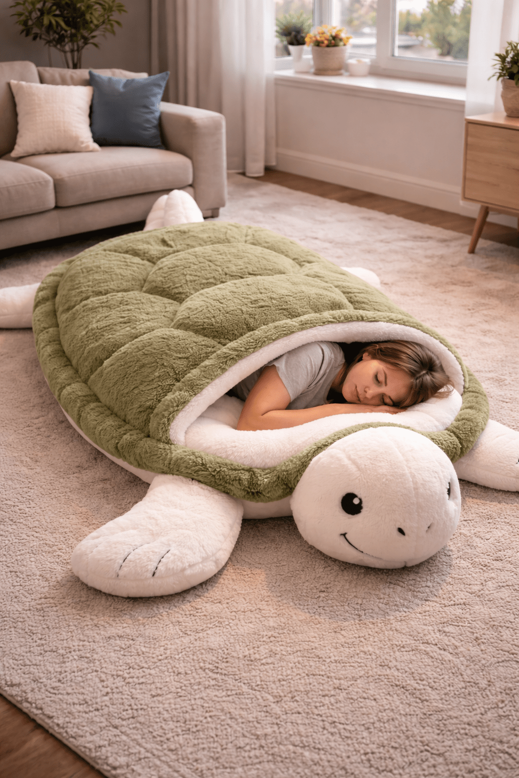 Green turtle sleeping bag with person resting inside on carpeted floor