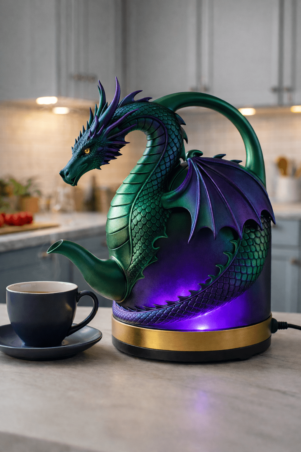 Green dragon electric kettle with purple wing details and illuminated base on a kitchen counter