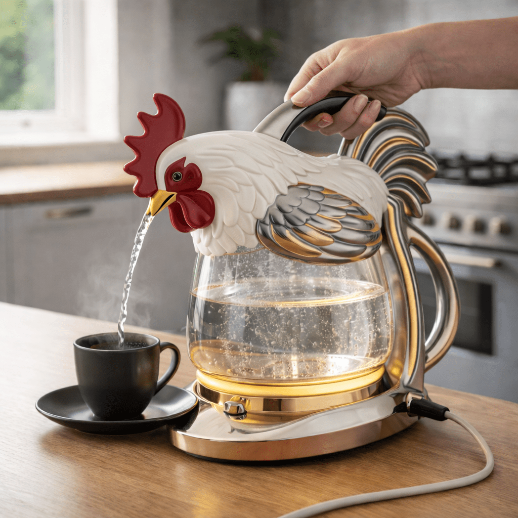 White and gold electric kettle pouring hot water into black cup