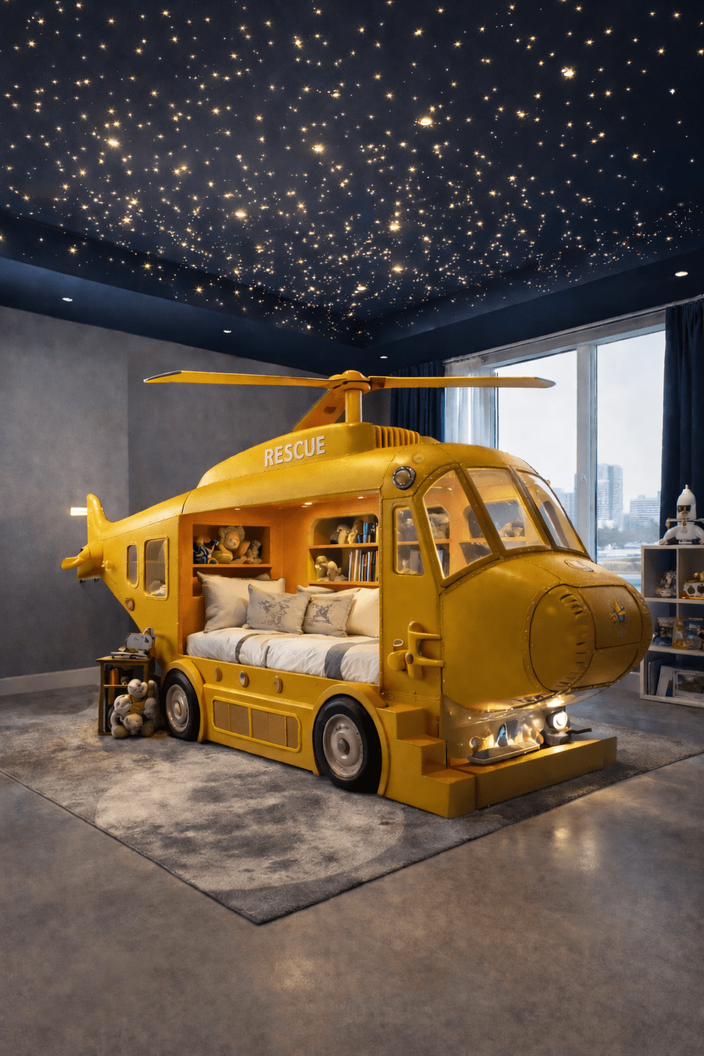 Yellow rescue helicopter bed featuring internal shelving and star-effect ceiling
