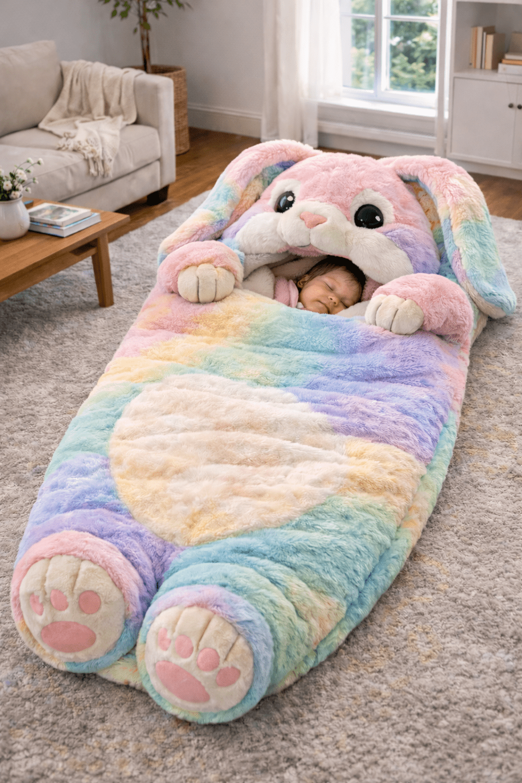 Child sleeping inside pastel rainbow plush bunny sleeping bag with soft hood and ears