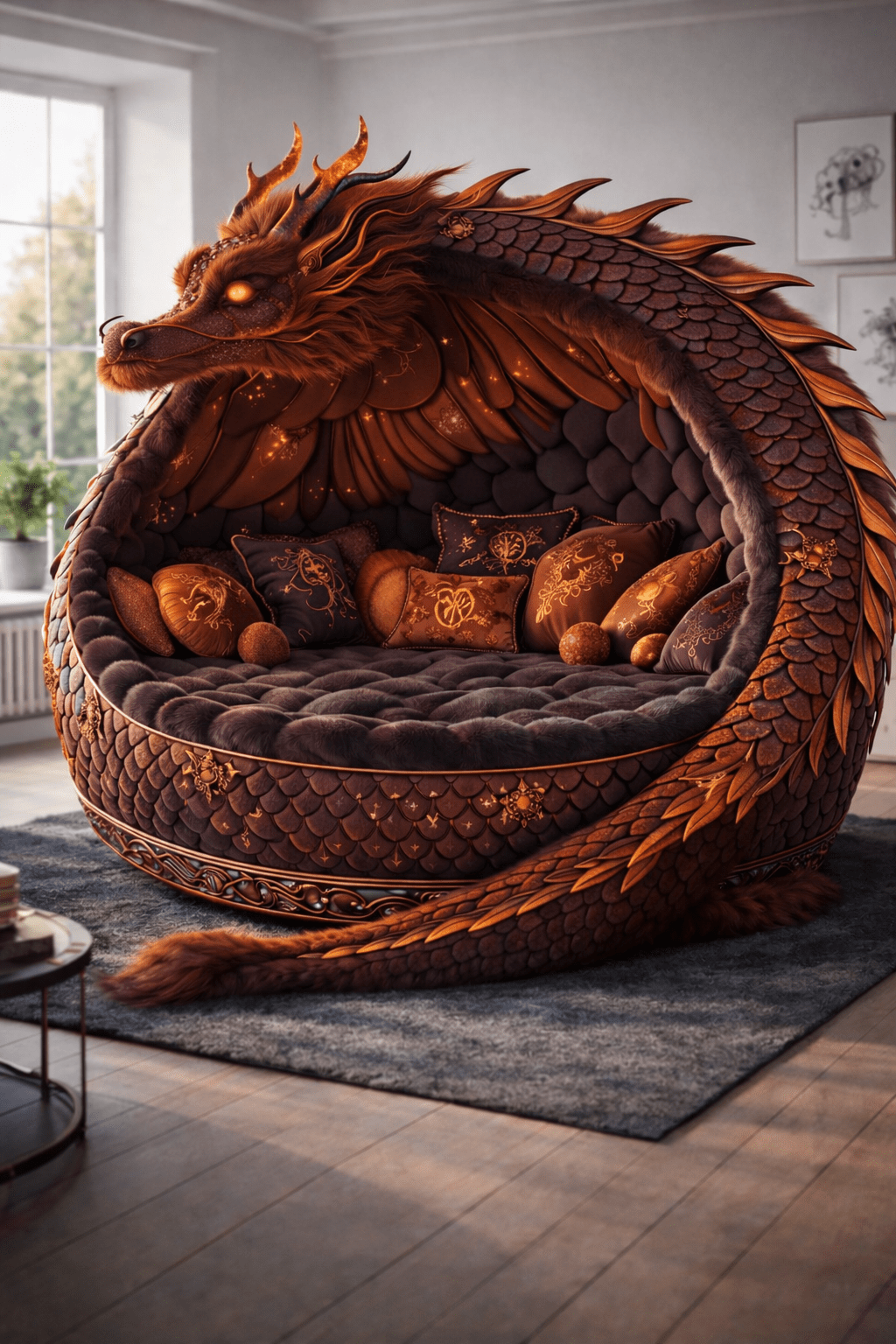 Red and copper dragon pod sofa inspired by fire-themed fantasy design