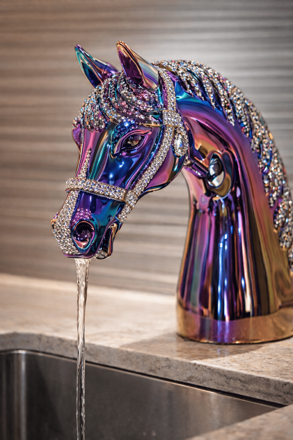 Iridescent rainbow horse head faucet with crystal detailing over modern kitchen sink