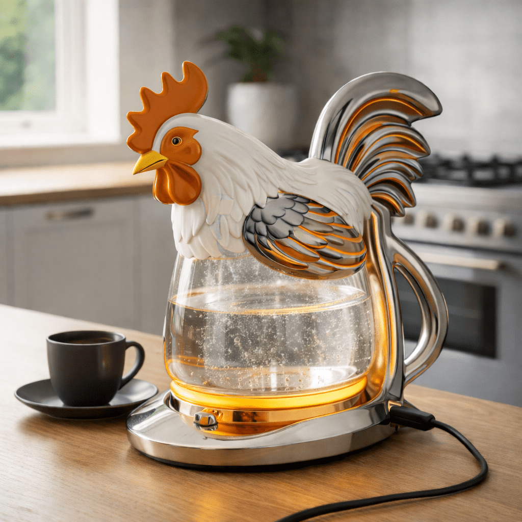 White and orange rooster shaped electric kettle with illuminated glass water chamber