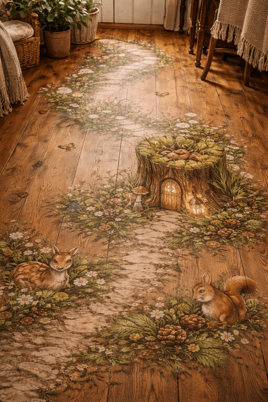 Magical woodland path floor featuring fairy tree stump house, foxes, squirrels, and floral details