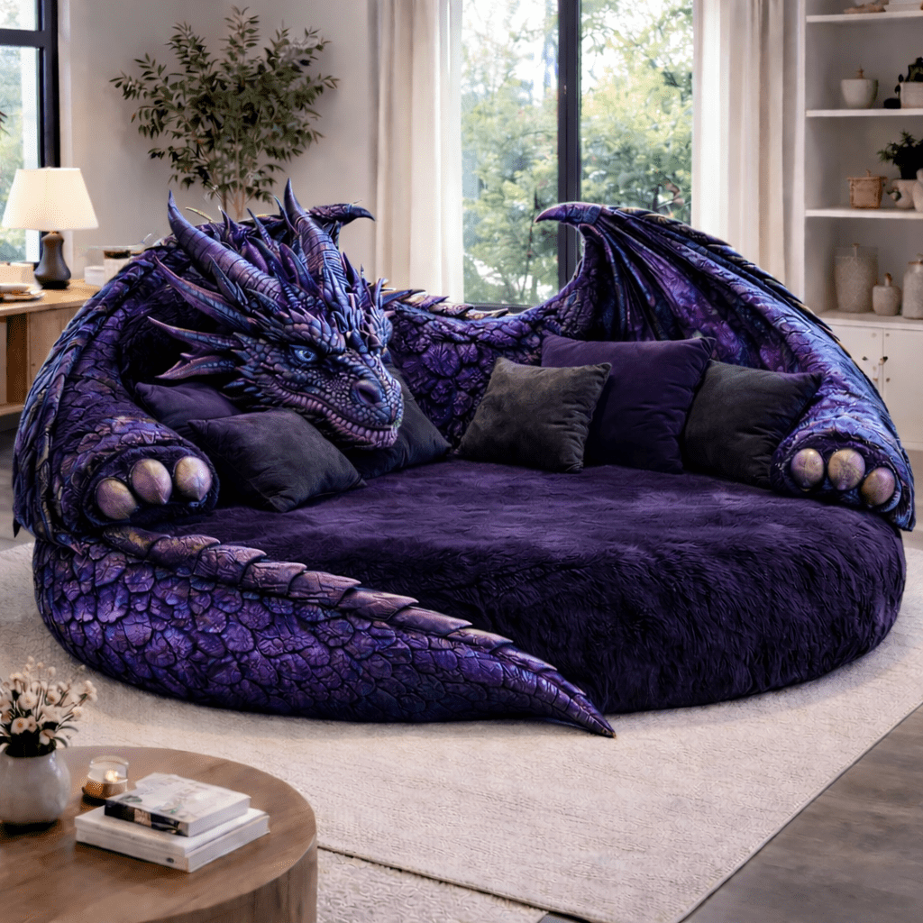 Purple dragon-shaped lounge sofa with sculpted wings and plush fantasy seating
