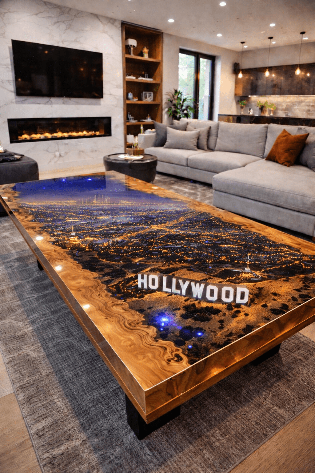 Hollywood skyline epoxy resin coffee table featuring illuminated city lights and live edge wood