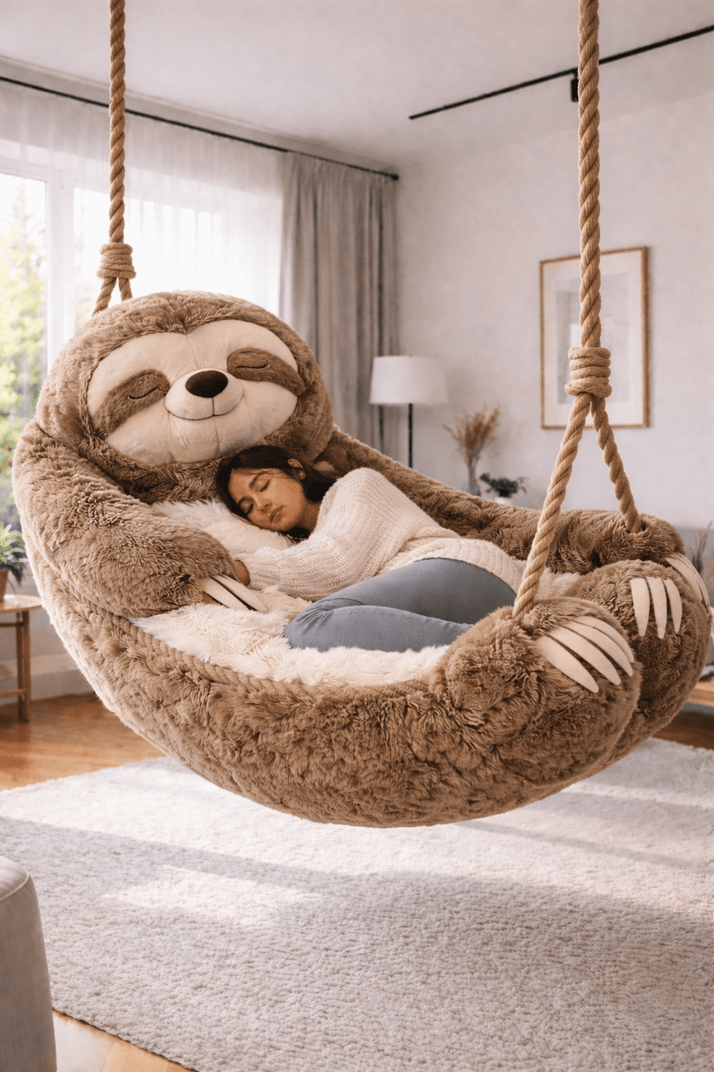 Oversized sloth plush hanging chair with adult relaxing inside