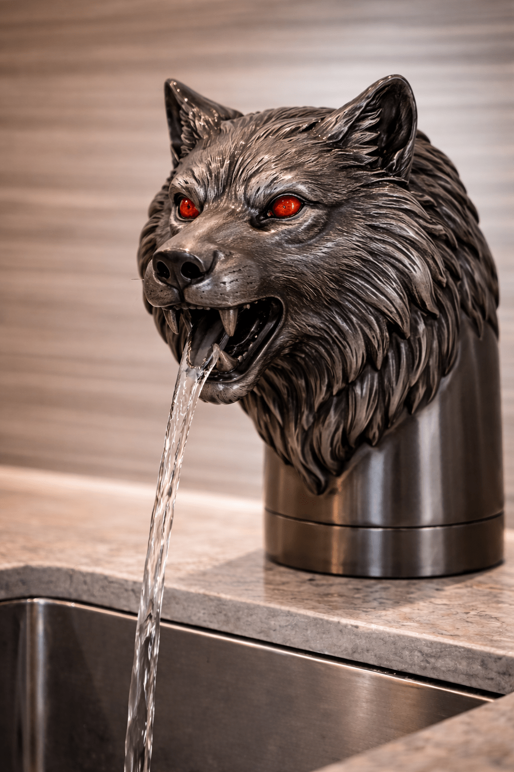 animal head taps: Dark wolf head tap with red eyes pouring water into sink