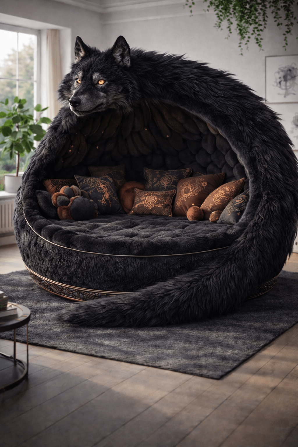 Black wolf pod sofa with golden eyes and dramatic faux fur cocoon design