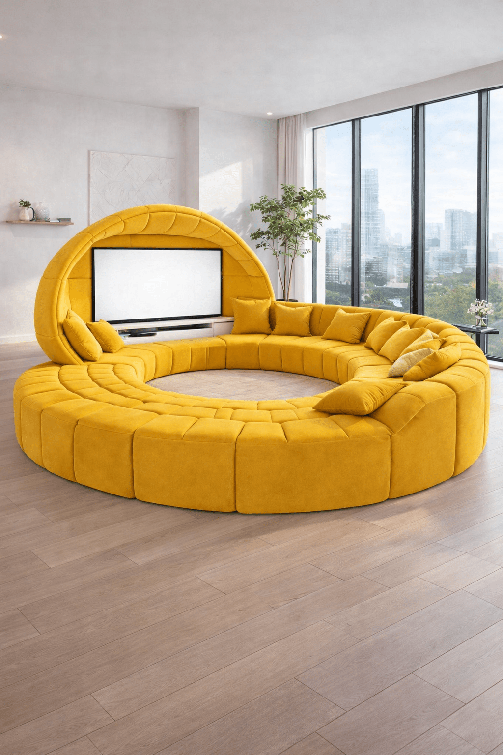 Mustard yellow circular modular sofa with built-in TV pod and plush seating
