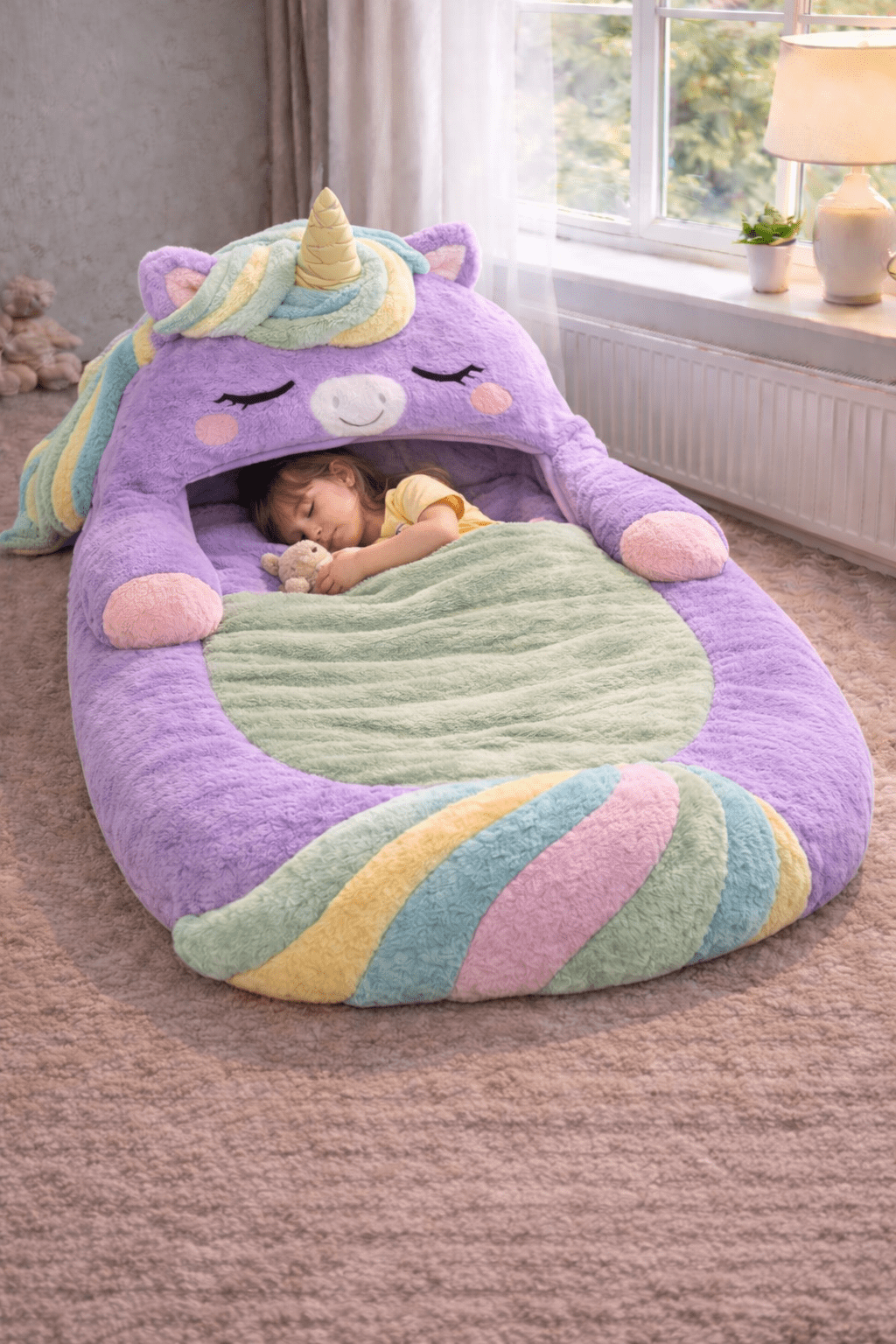 Child sleeping comfortably inside a purple unicorn plush sleeping bag cocoon