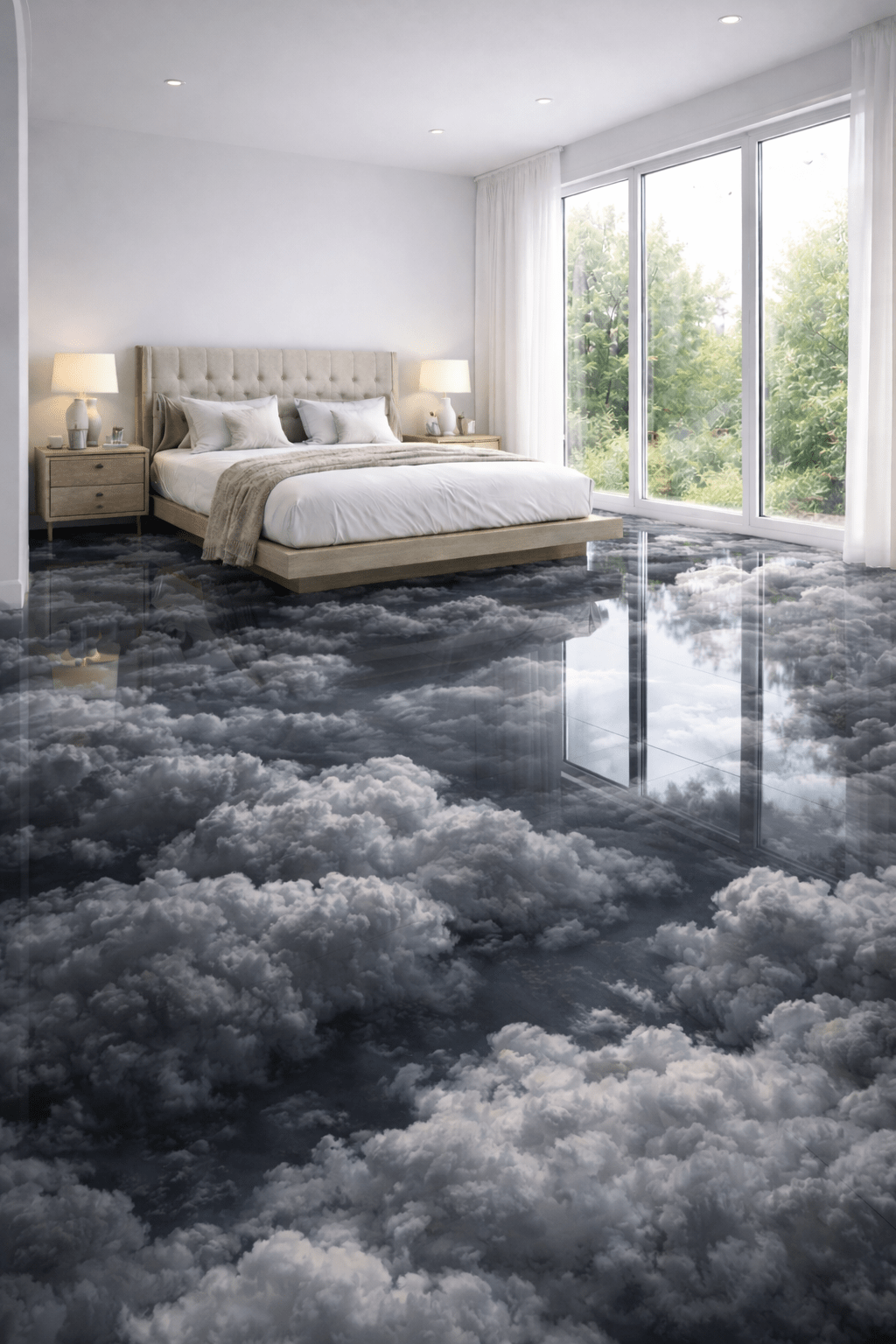 Contemporary bedroom with dramatic dark cloud resin flooring and glossy surface