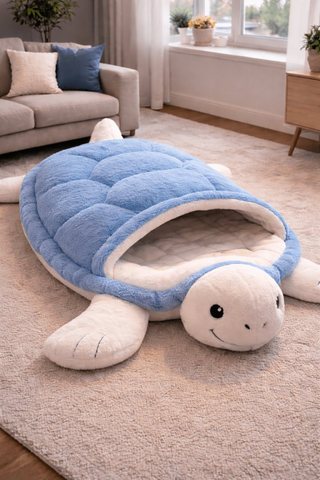 Blue turtle sleeping bag plush animal design for cosy lounging