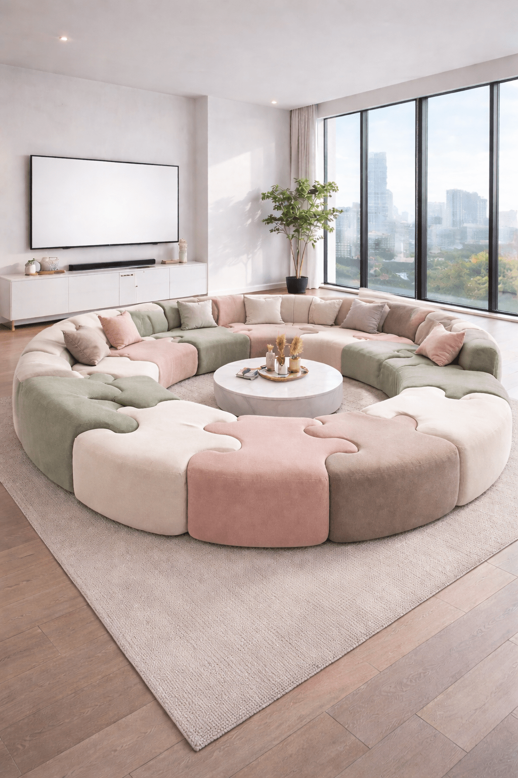 Pastel pink and green circular modular sofa in a light-filled contemporary living space