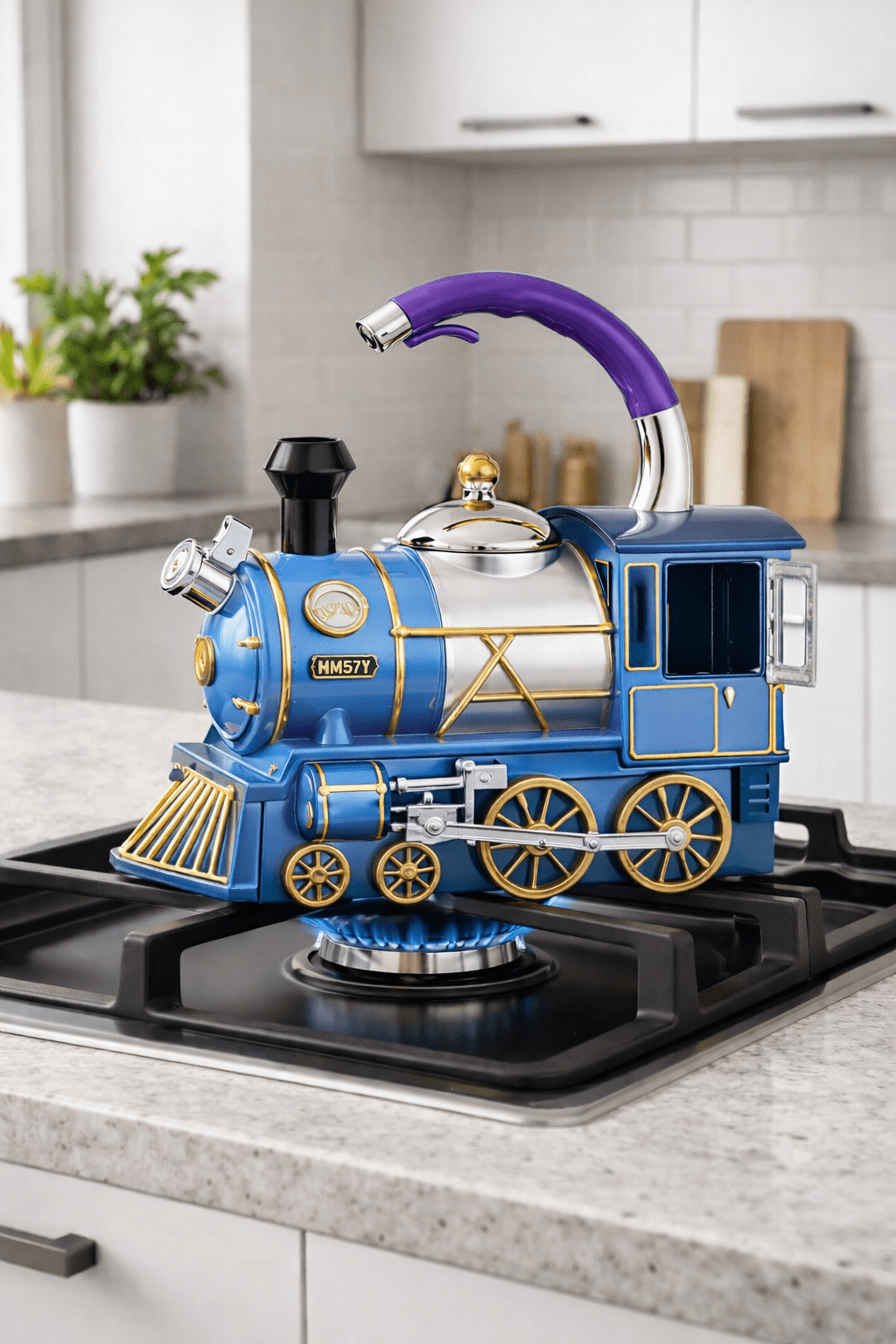 Blue train-shaped electric kettle with purple handle and metallic detailing