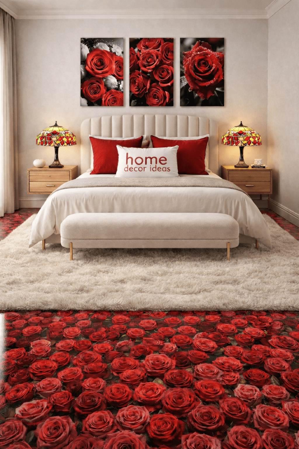 Romantic bedroom featuring red rose floor, floral wall art, and warm lighting