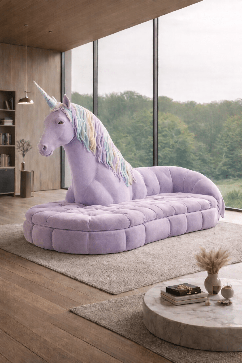Lavender oversized unicorn chaise lounge with pastel mane in a modern home