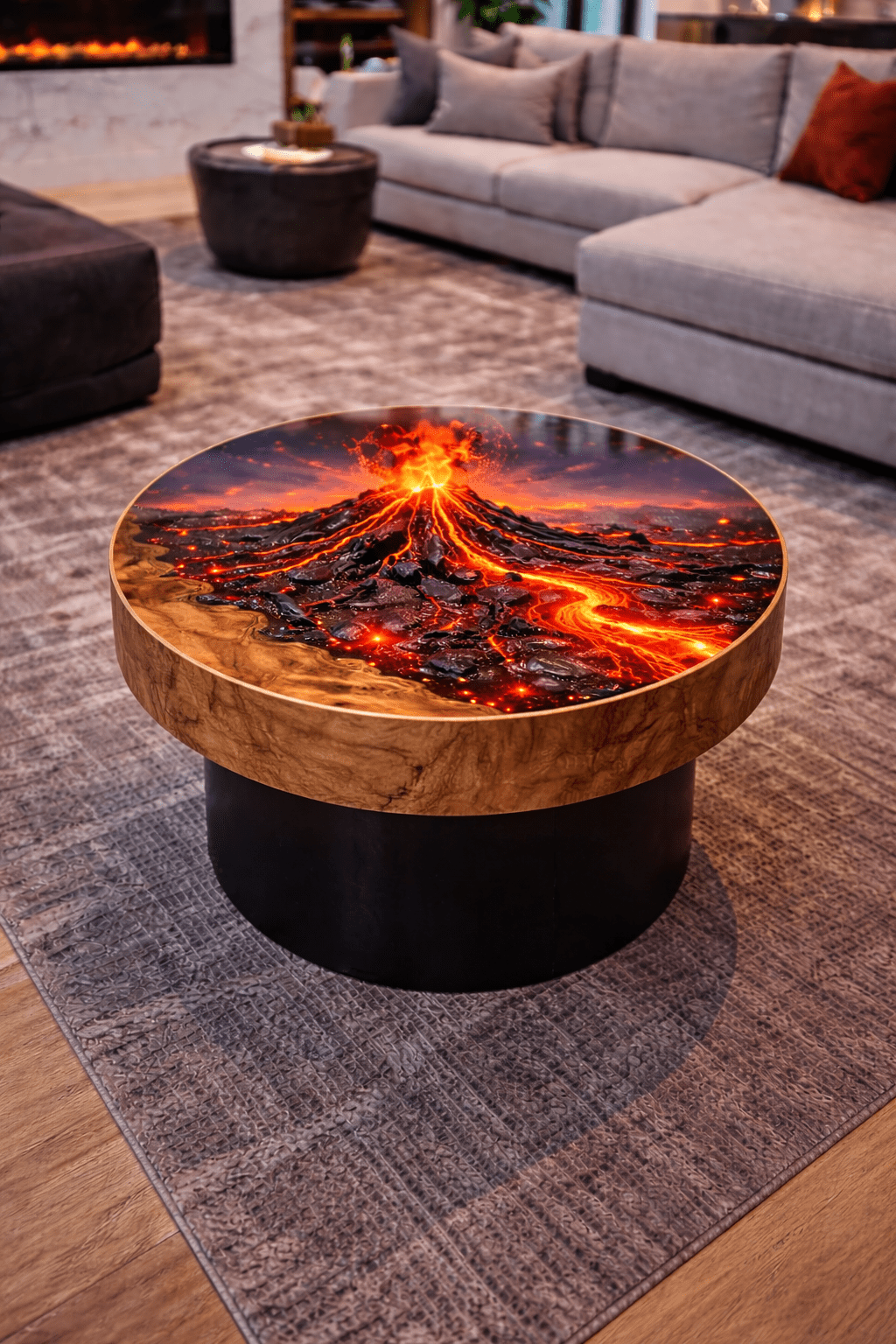 Round volcanic rift resin coffee table with glowing lava design in contemporary living space
