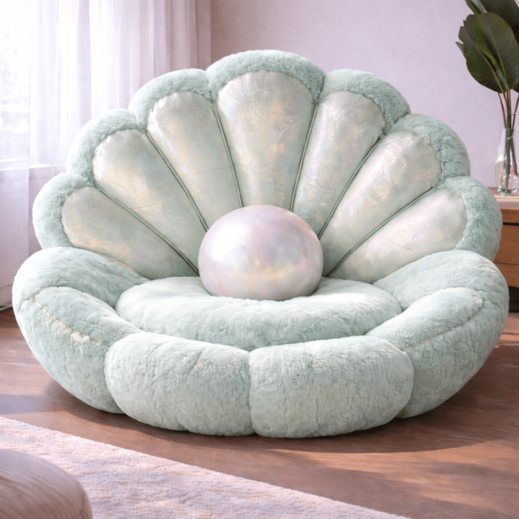 Mint green pearl shell lounge chair with iridescent shell panels