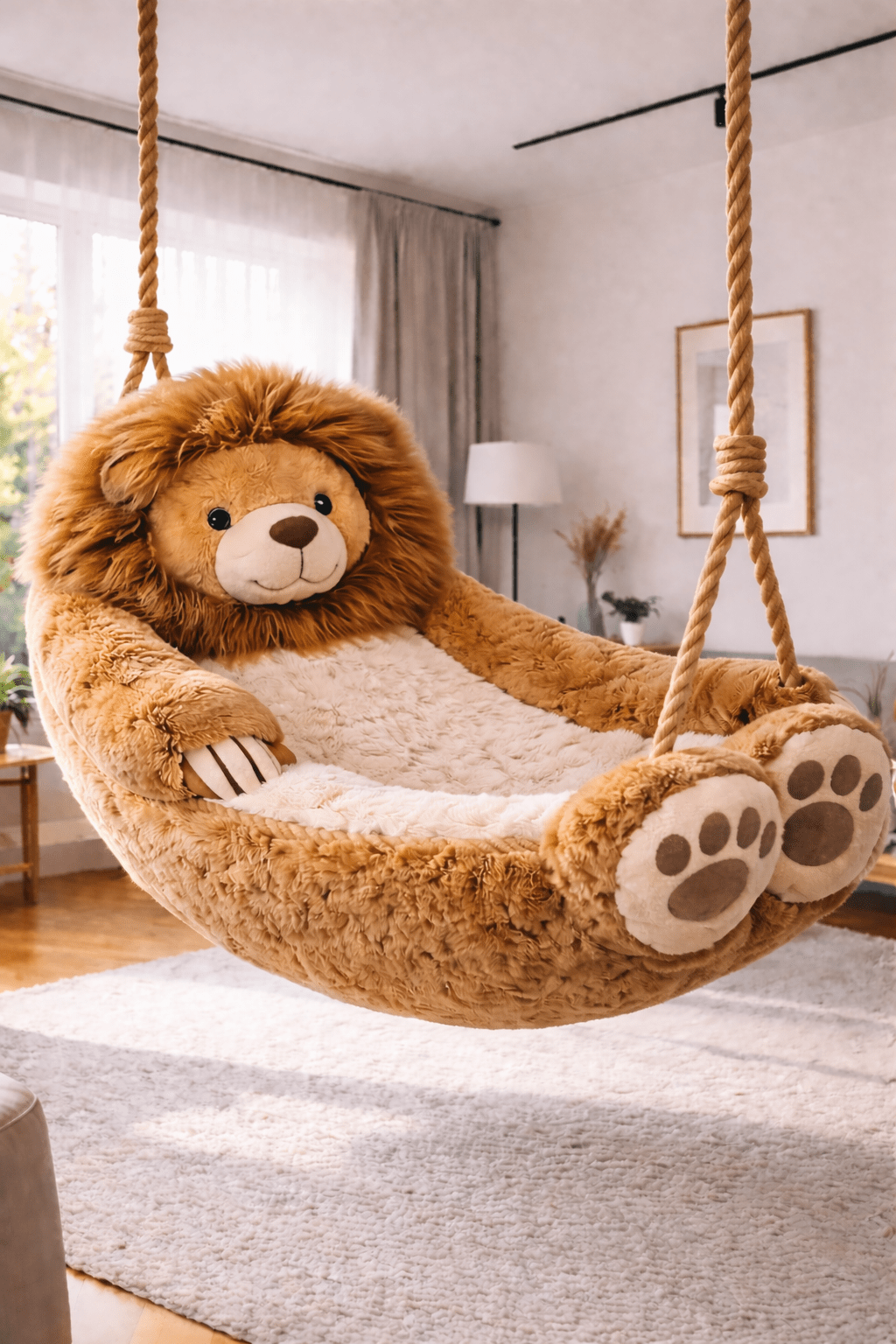 Giant lion plush hanging chair with rope suspension in modern living room