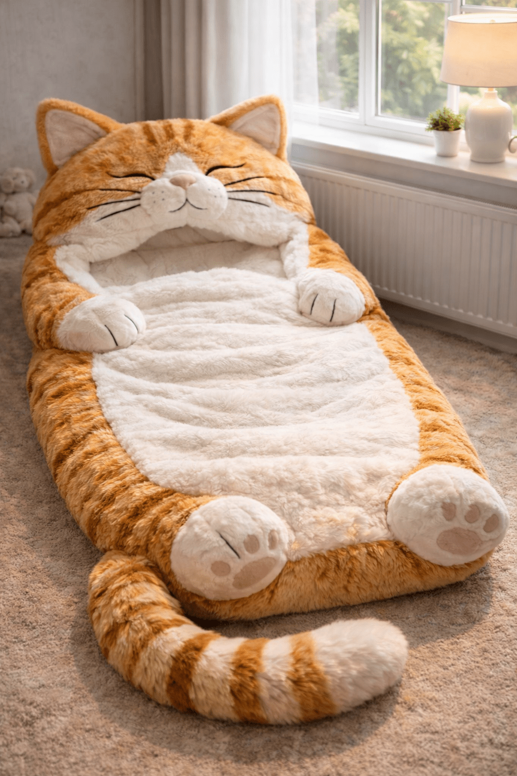 Ginger cat-shaped sleeping bag with plush padding for children