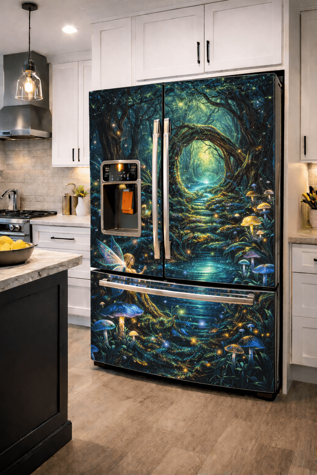 Enchanted forest fridge wrap design with glowing mushrooms and illuminated woodland pathway